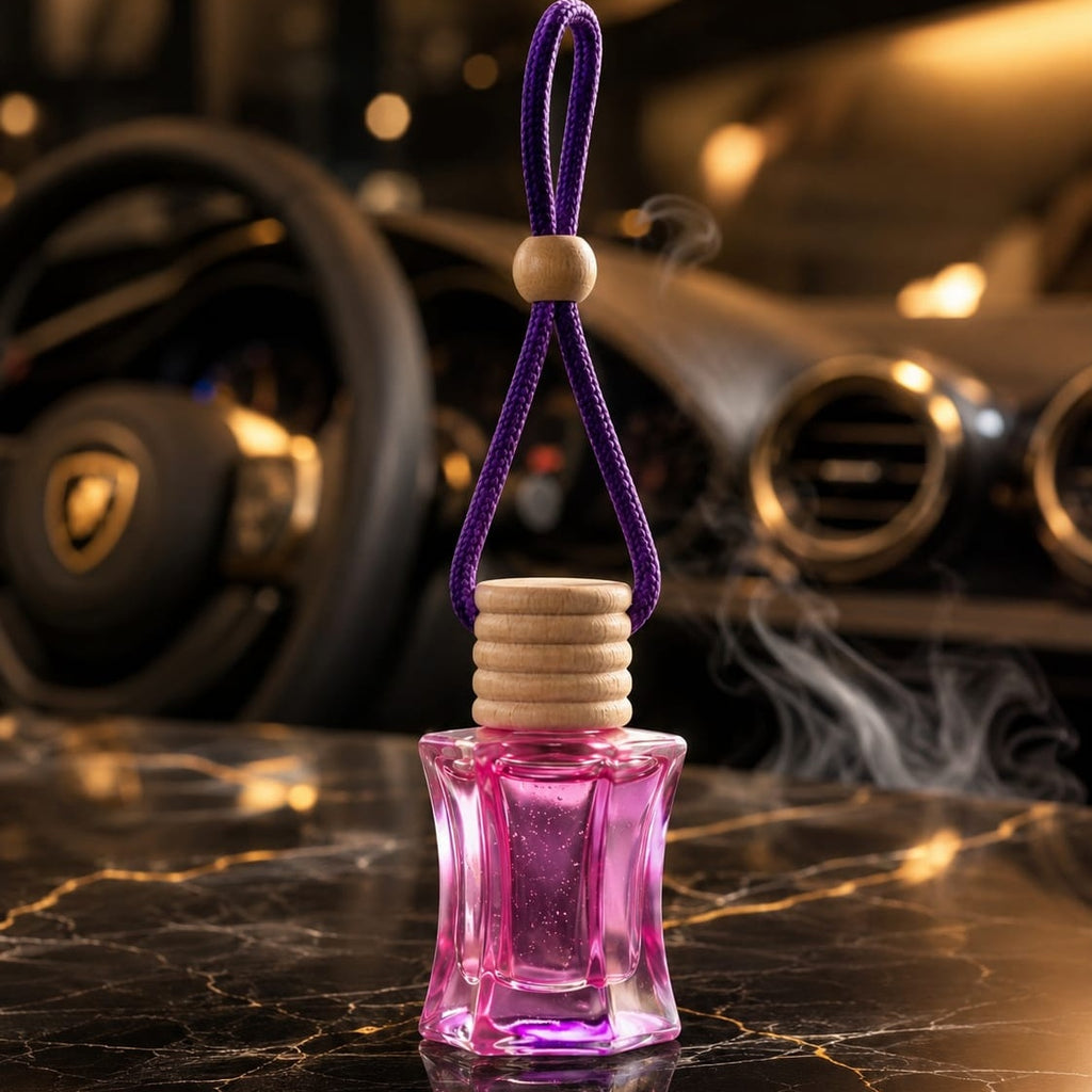 Blush Pink Hanging Car Perfume | Premium Glass Air Freshener | Wooden Cap Aroma Diffuser for Cars