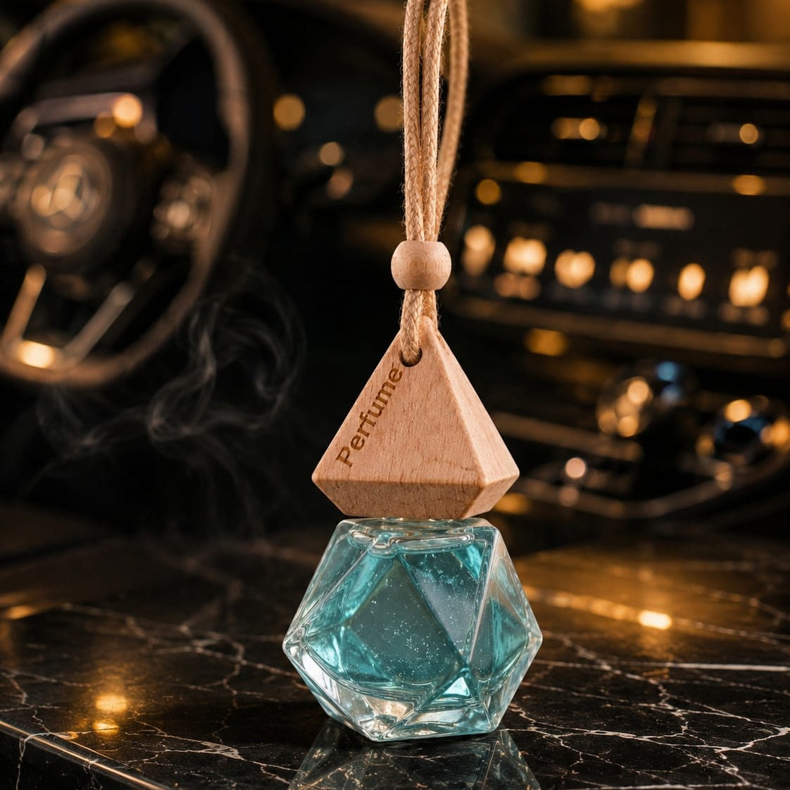 Aqua Prism Hanging Car Perfume | Premium Geometric Glass Air Freshener | Wooden Aroma Diffuser for Cars