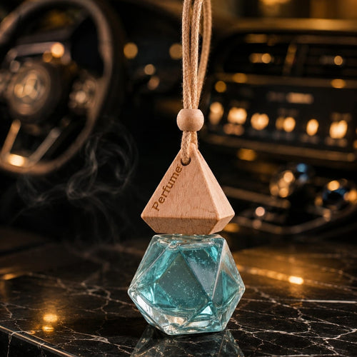 Aqua Prism Hanging Car Perfume | Premium Geometric Glass Air Freshener | Wooden Aroma Diffuser for Cars