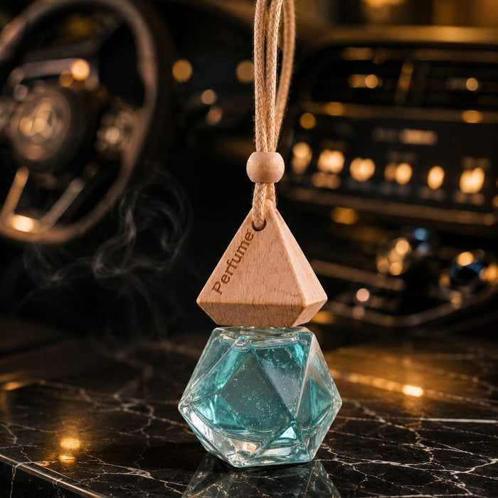 Aqua Prism Hanging Car Perfume | Premium Geometric Glass Air Freshener | Wooden Aroma Diffuser for Cars