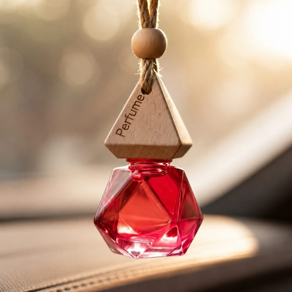 Ruby Prism Hanging Car Perfume | Luxury Wooden Diffuser Car Air Freshener | Geometric Crystal Fragrance Bottle