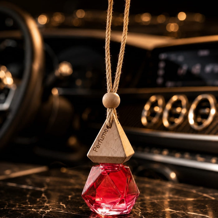 Ruby Prism Hanging Car Perfume | Luxury Wooden Diffuser Car Air Freshener | Geometric Crystal Fragrance Bottle