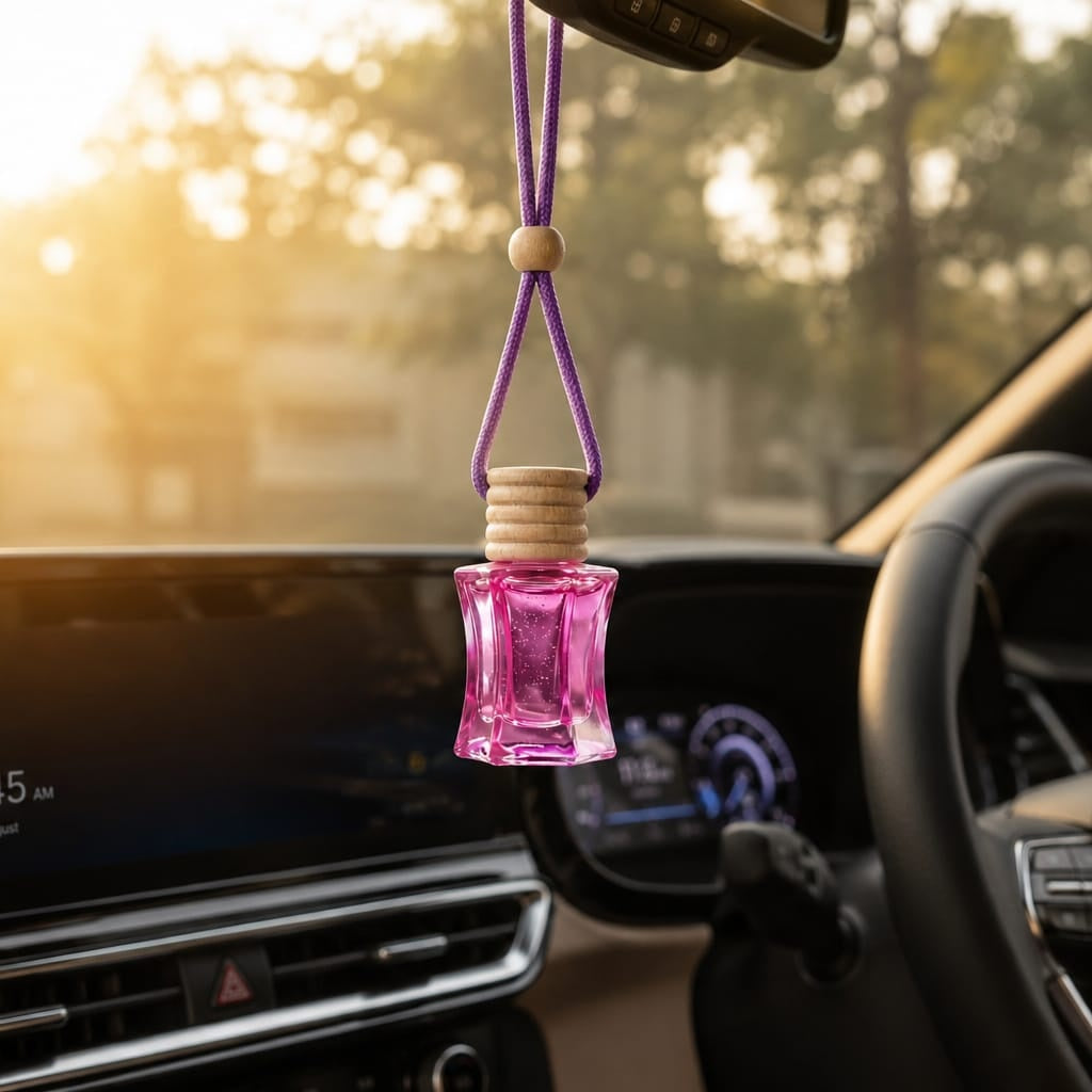 Blush Pink Hanging Car Perfume | Premium Glass Air Freshener | Wooden Cap Aroma Diffuser for Cars