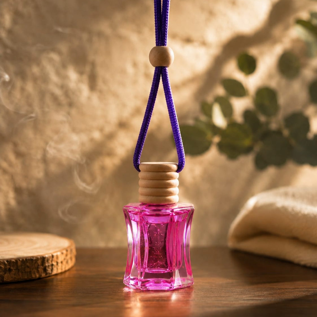 Blush Pink Hanging Car Perfume | Premium Glass Air Freshener | Wooden Cap Aroma Diffuser for Cars