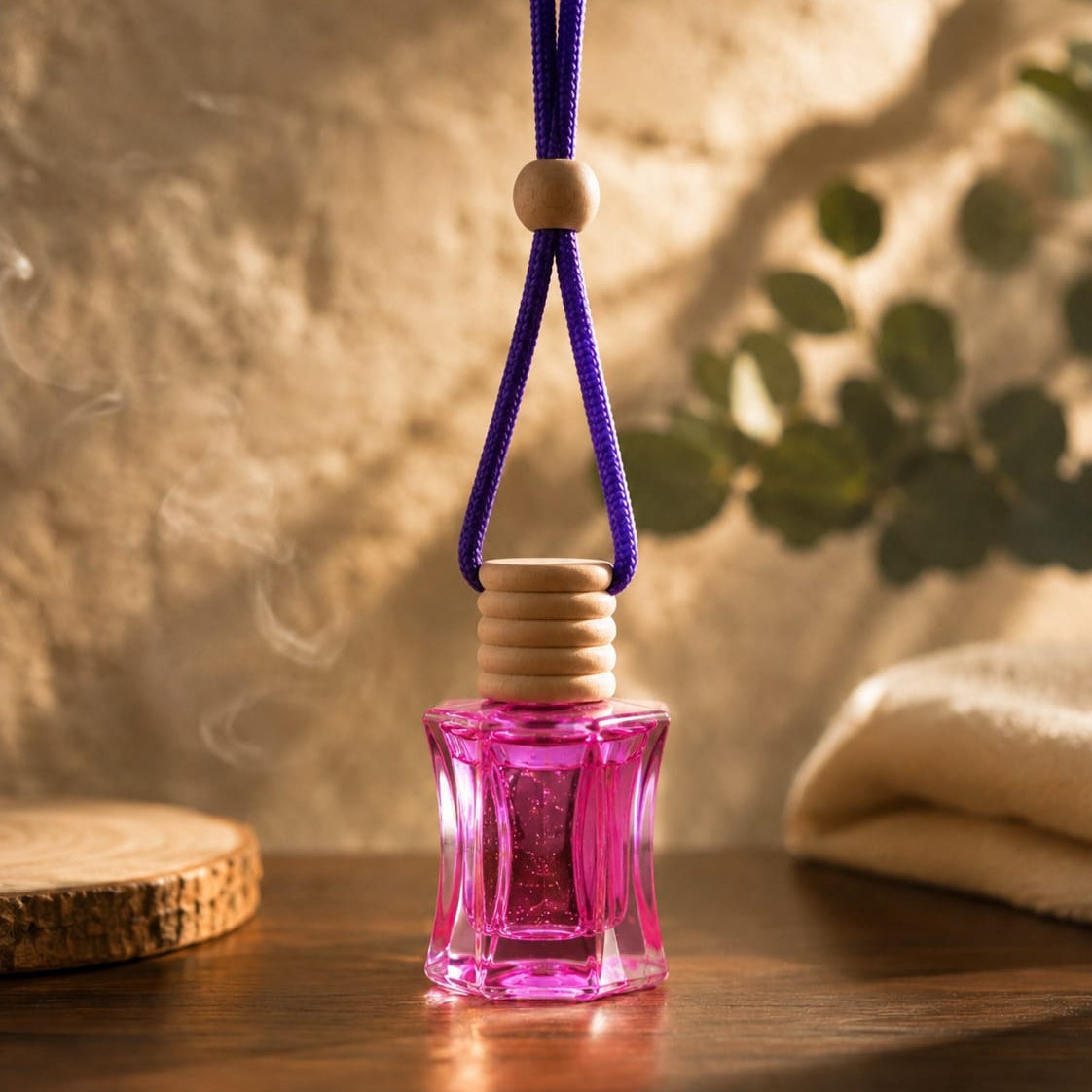 Blush Pink Hanging Car Perfume | Premium Glass Air Freshener | Wooden Cap Aroma Diffuser for Cars