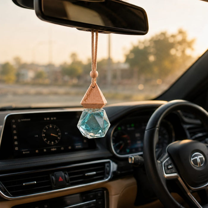 Aqua Prism Hanging Car Perfume | Premium Geometric Glass Air Freshener | Wooden Aroma Diffuser for Cars