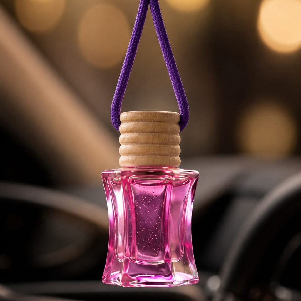 Blush Pink Hanging Car Perfume | Premium Glass Air Freshener | Wooden Cap Aroma Diffuser for Cars