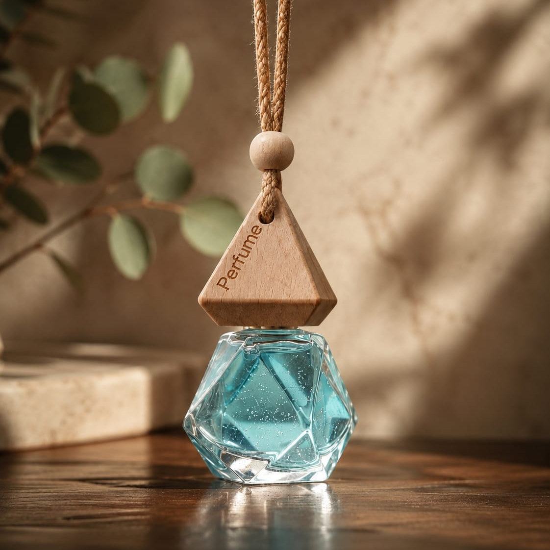Aqua Prism Hanging Car Perfume | Premium Geometric Glass Air Freshener | Wooden Aroma Diffuser for Cars