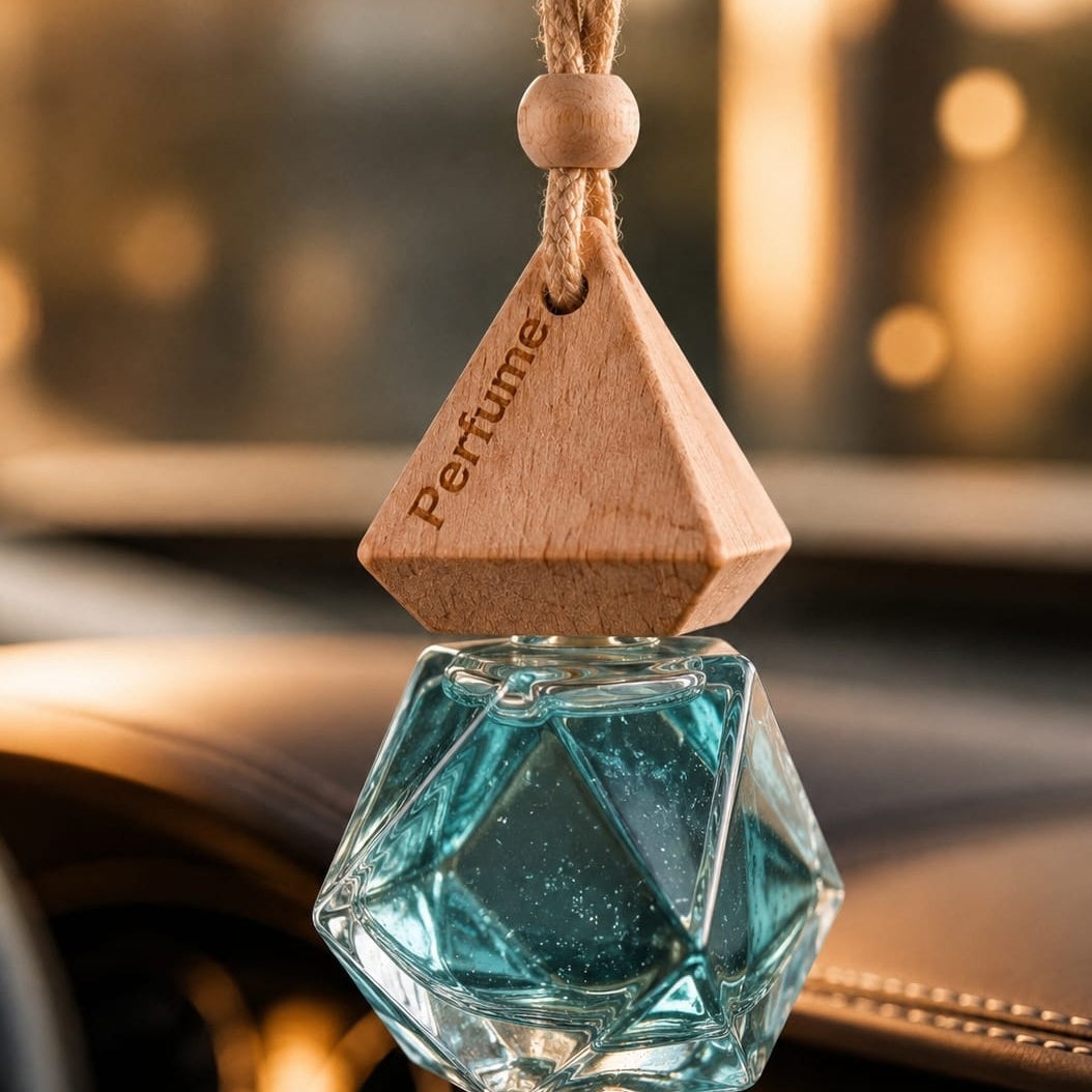 Aqua Prism Hanging Car Perfume | Premium Geometric Glass Air Freshener | Wooden Aroma Diffuser for Cars