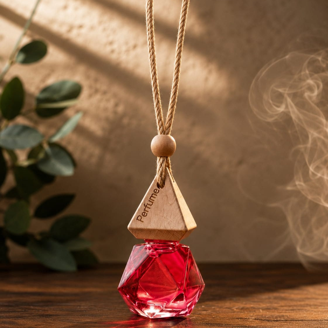 Ruby Prism Hanging Car Perfume | Luxury Wooden Diffuser Car Air Freshener | Geometric Crystal Fragrance Bottle