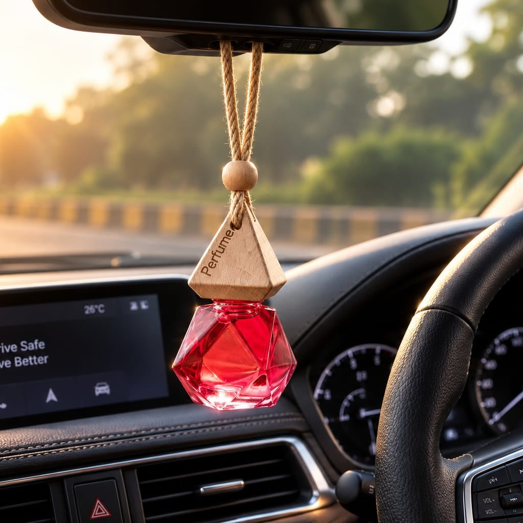 Ruby Prism Hanging Car Perfume | Luxury Wooden Diffuser Car Air Freshener | Geometric Crystal Fragrance Bottle
